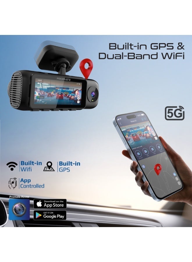 Promate  4K Dash Cam Front 3-Channel, Cabin & Rear with GPS, Dual WiFi, Starvis 2 Night Vision, 64GB TF Card Included & supports up to 512GB, Parking Monitor, G-Sensor Lock & LCD Display, Rovex-S3 - Image 5