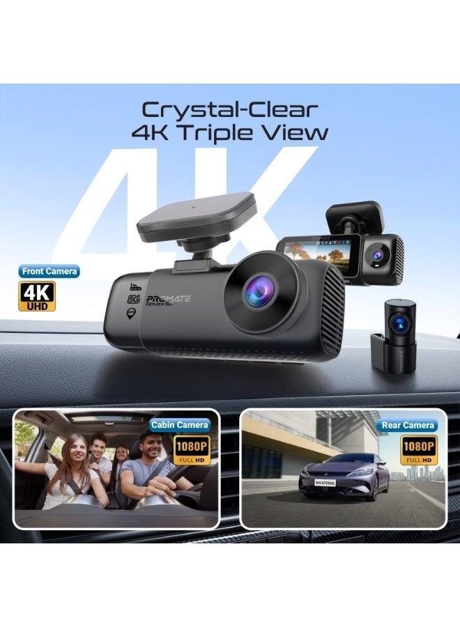 Promate  4K Dash Cam Front 3-Channel, Cabin & Rear with GPS, Dual WiFi, Starvis 2 Night Vision, 64GB TF Card Included & supports up to 512GB, Parking Monitor, G-Sensor Lock & LCD Display, Rovex-S3 - Image 2