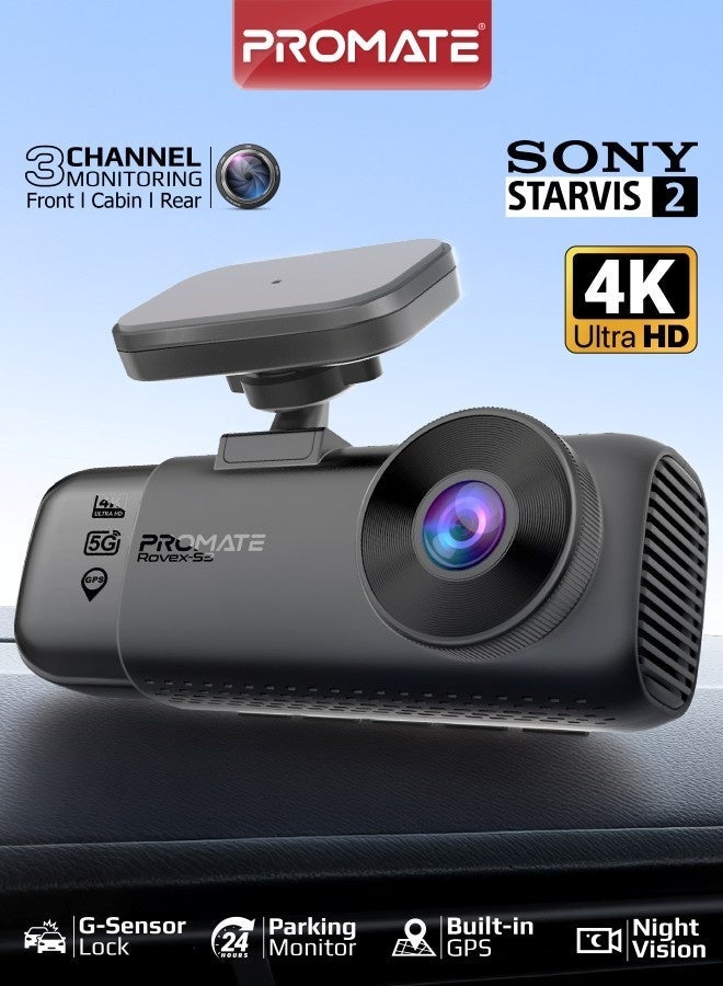 Promate  4K Dash Cam Front 3-Channel, Cabin & Rear with GPS, Dual WiFi, Starvis 2 Night Vision, 64GB TF Card Included & supports up to 512GB, Parking Monitor, G-Sensor Lock & LCD Display, Rovex-S3 - Image 1