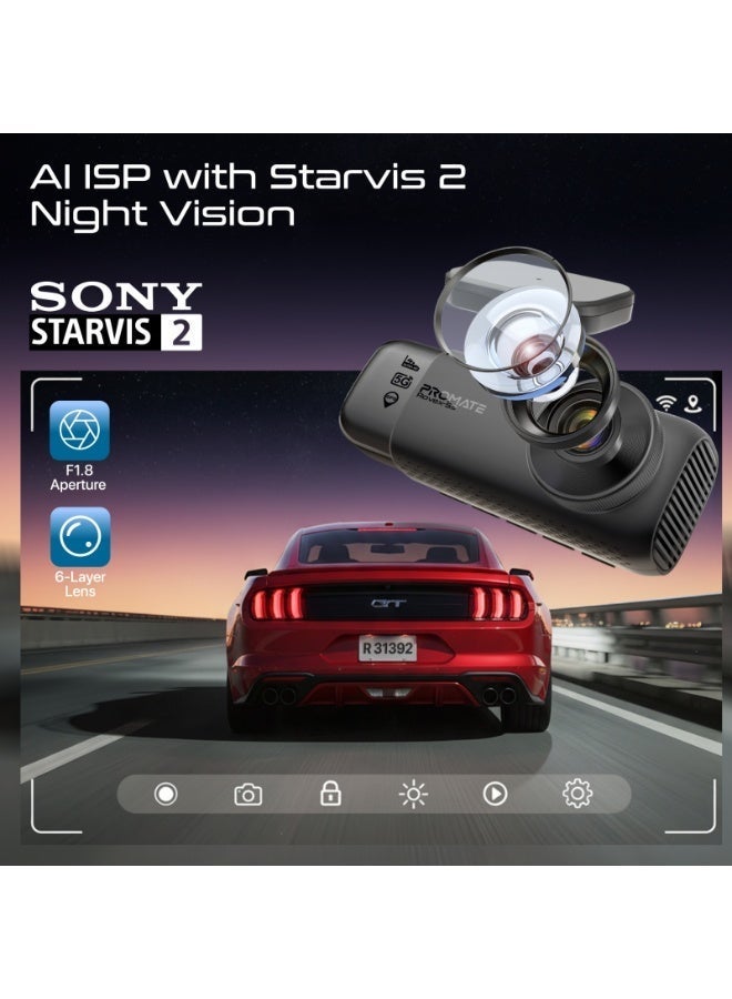 Promate  4K Dash Cam Front 3-Channel, Cabin & Rear with GPS, Dual WiFi, Starvis 2 Night Vision, 64GB TF Card Included & supports up to 512GB, Parking Monitor, G-Sensor Lock & LCD Display, Rovex-S3 - Image 3