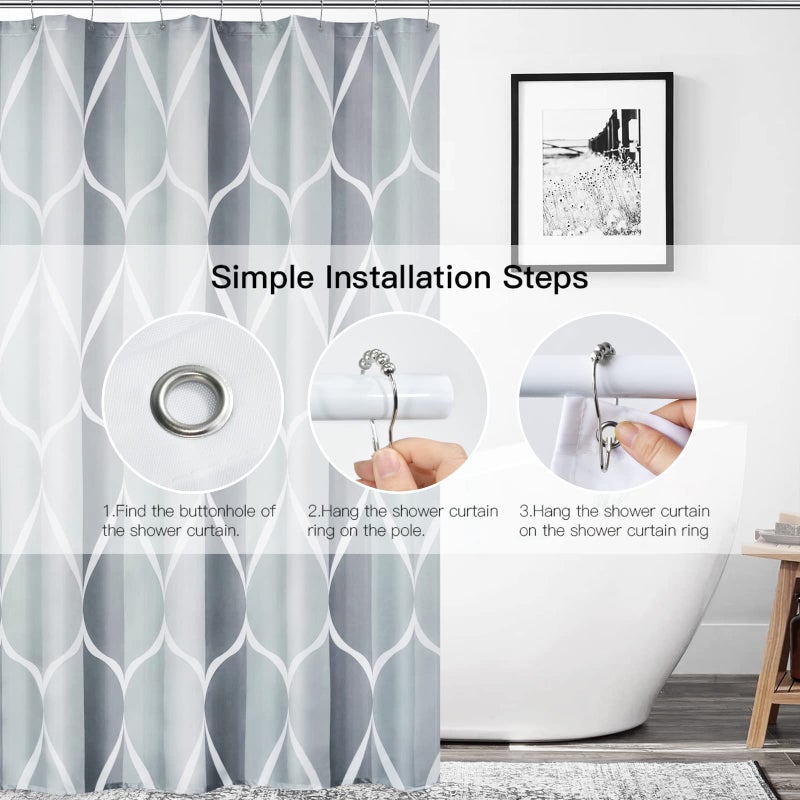 Gelbchu Grey Fabric Shower Curtain  Waterproof Design and Polyester  Quick-Drying  Weighted Hem  Shower Curtains Set for Bathroom W 72 x H 72  Machine Washable with 12 Hooks - Image 3