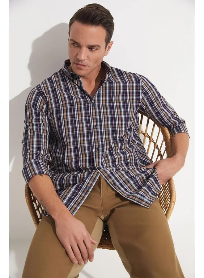 JUNE June Men Checkered Long Sleeve Shirt Navy - Blue