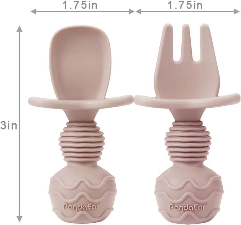 PandaEar Silicone Baby Feeding Set| 2 Pack Silicone Divided Suction Plate and 2 Pack Tiny Cup with 2 Spoons 2 Forks| Baby Led Weaning Supplies Self Feeding Eating Utensils (Light Tan/Pink) - Image 5