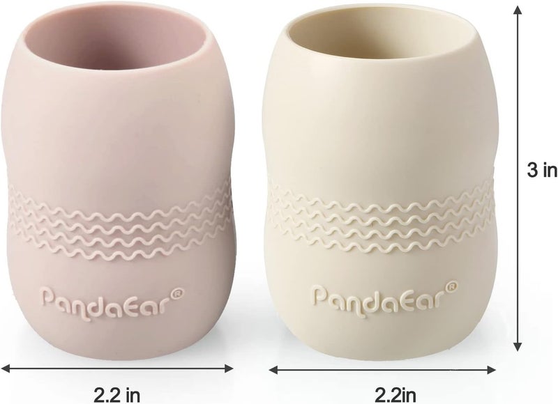 PandaEar Silicone Baby Feeding Set| 2 Pack Silicone Divided Suction Plate and 2 Pack Tiny Cup with 2 Spoons 2 Forks| Baby Led Weaning Supplies Self Feeding Eating Utensils (Light Tan/Pink) - Image 4