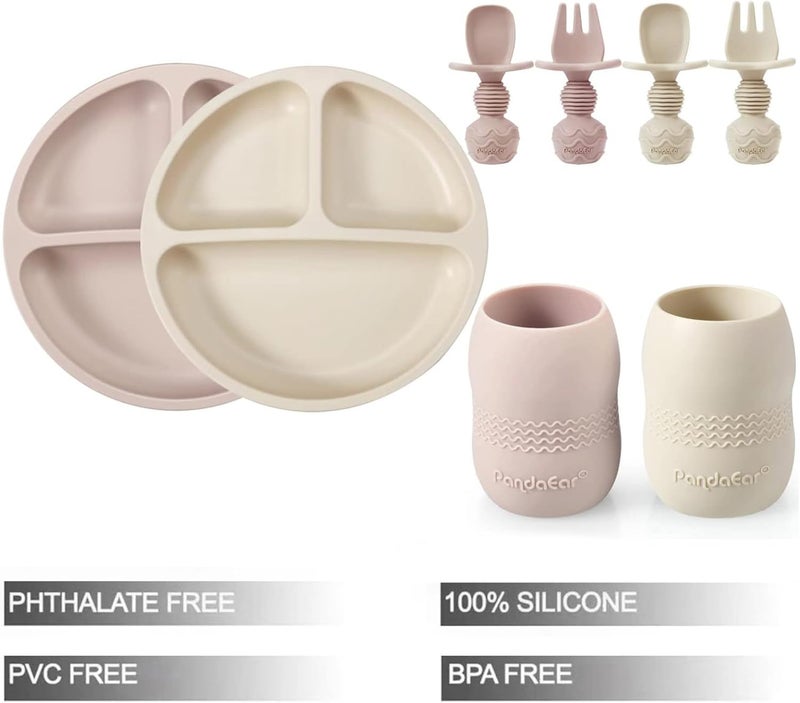PandaEar Silicone Baby Feeding Set| 2 Pack Silicone Divided Suction Plate and 2 Pack Tiny Cup with 2 Spoons 2 Forks| Baby Led Weaning Supplies Self Feeding Eating Utensils (Light Tan/Pink) - Image 2