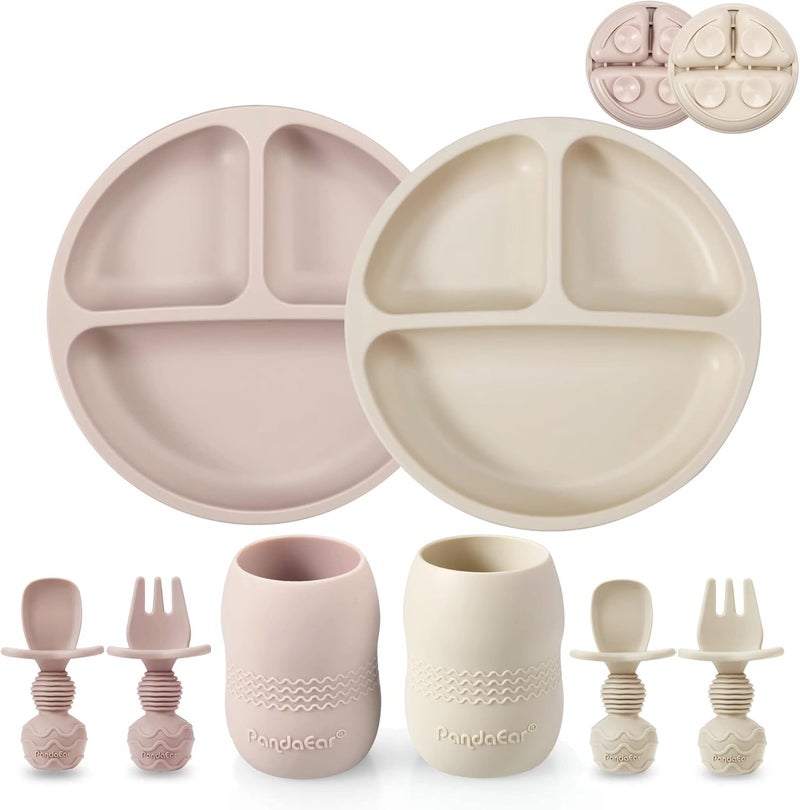 PandaEar Silicone Baby Feeding Set| 2 Pack Silicone Divided Suction Plate and 2 Pack Tiny Cup with 2 Spoons 2 Forks| Baby Led Weaning Supplies Self Feeding Eating Utensils (Light Tan/Pink) - Image 1