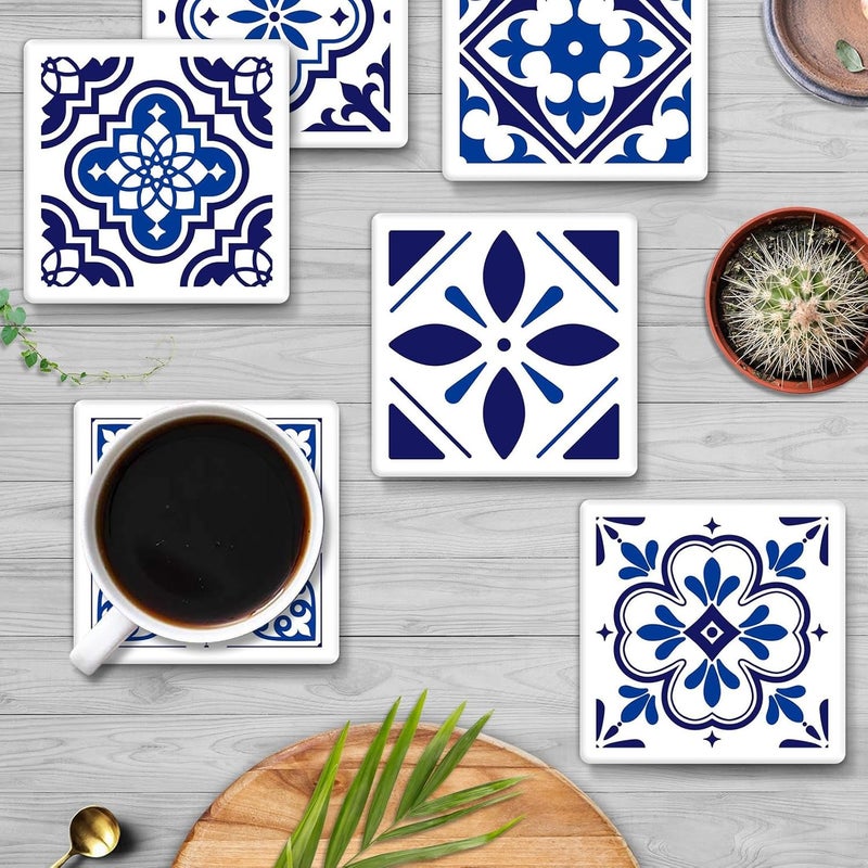 Bribay Coasters for Drinks Set of 6, Navy Blue Ceramic Tiles Geometric Pattern Absorbent Square Ceramic Stone Mat, with Cork Base and Metal Holder, Gift for Housewarming Room Bar Decor - Image 2
