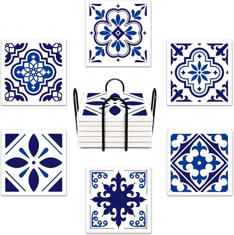 Bribay Coasters for Drinks Set of 6, Navy Blue Ceramic Tiles Geometric Pattern Absorbent Square Ceramic Stone Mat, with Cork Base and Metal Holder, Gift for Housewarming Room Bar Decor - Image 1