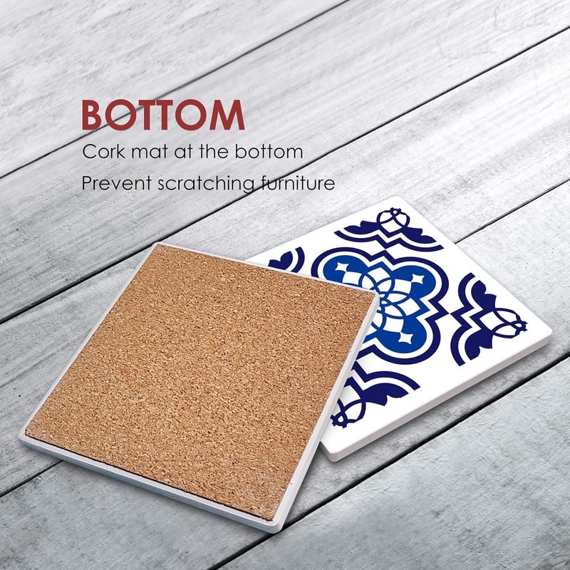 Bribay Coasters for Drinks Set of 6, Navy Blue Ceramic Tiles Geometric Pattern Absorbent Square Ceramic Stone Mat, with Cork Base and Metal Holder, Gift for Housewarming Room Bar Decor - Image 3