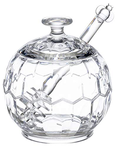 KLIFA- HONEYCOMB Series, Acrylic Plastic Honey Jar Syrup Pot with Dipper and Lid, Clear, 10.15 oz, - Image 3