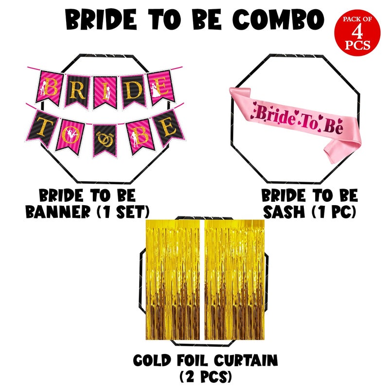 Zyozique® Bridal Shower & Bachelorette Party Decorations Items | Bridal Shower Decorations set - Bride To Be Banner with Sash & Gold Foil Curtains (Pack Of 4) - Image 2