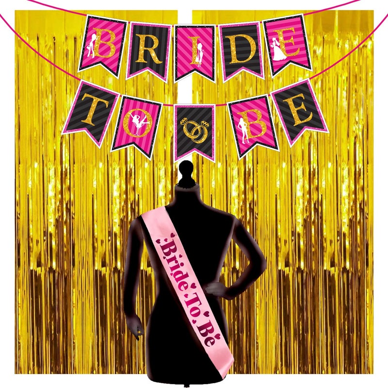 Zyozique® Bridal Shower & Bachelorette Party Decorations Items | Bridal Shower Decorations set - Bride To Be Banner with Sash & Gold Foil Curtains (Pack Of 4) - Image 1