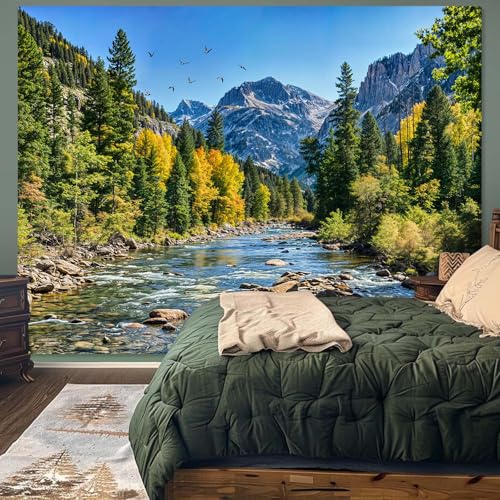 AMM Nature Forest Mountain Tapestry Green Pine Tree Tapestry for Bedroom Aesthetic Flowing River Landscape Tapestries Wall Hanging Bird Decor for Living Room Classroom Dorm Office - Image 4