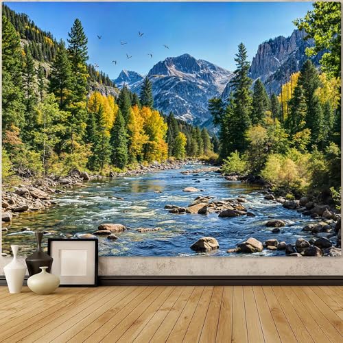 AMM Nature Forest Mountain Tapestry Green Pine Tree Tapestry for Bedroom Aesthetic Flowing River Landscape Tapestries Wall Hanging Bird Decor for Living Room Classroom Dorm Office - Image 1