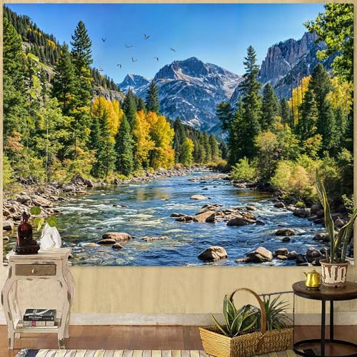AMM Nature Forest Mountain Tapestry Green Pine Tree Tapestry for Bedroom Aesthetic Flowing River Landscape Tapestries Wall Hanging Bird Decor for Living Room Classroom Dorm Office - Image 2