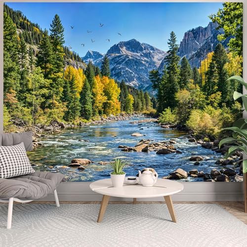 AMM Nature Forest Mountain Tapestry Green Pine Tree Tapestry for Bedroom Aesthetic Flowing River Landscape Tapestries Wall Hanging Bird Decor for Living Room Classroom Dorm Office - Image 3