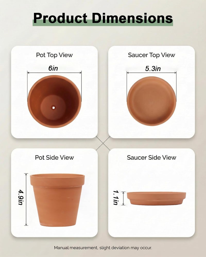 Riseuvo 6 Inch Terracotta Pots with Saucers â€“ 4 Pack Medium Clay Flower Pots with Drainage Holeï¼ŒClay Pot for Succulents, Cactus and Indoor Plants, Wedding Favors - Image 3