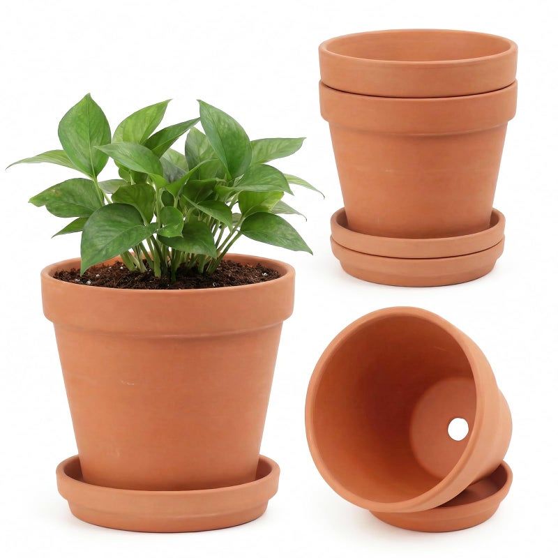 Riseuvo 6 Inch Terracotta Pots with Saucers â€“ 4 Pack Medium Clay Flower Pots with Drainage Holeï¼ŒClay Pot for Succulents, Cactus and Indoor Plants, Wedding Favors - Image 1