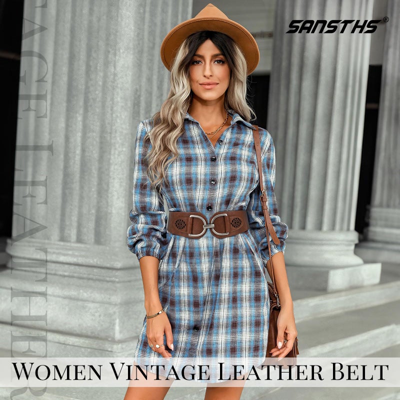 SANSTHS Vintage Women Stretchy Wide Belt Chunky Buckle Elastic Wide Waist Belts for Dresses Coats, Coffee S - Image 2