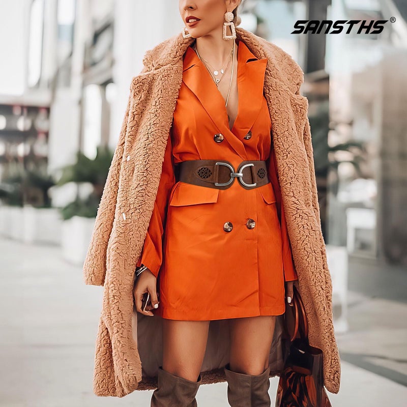 SANSTHS Vintage Women Stretchy Wide Belt Chunky Buckle Elastic Wide Waist Belts for Dresses Coats, Coffee S - Image 3