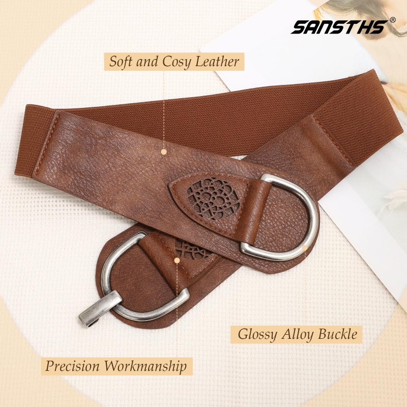 SANSTHS Vintage Women Stretchy Wide Belt Chunky Buckle Elastic Wide Waist Belts for Dresses Coats, Coffee S - Image 4