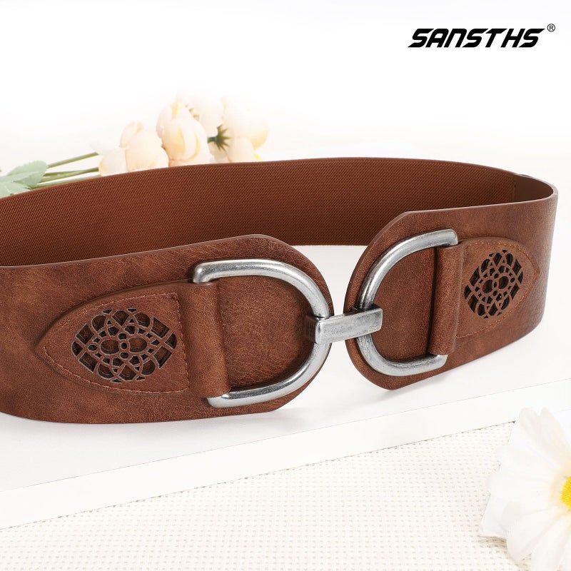 SANSTHS Vintage Women Stretchy Wide Belt Chunky Buckle Elastic Wide Waist Belts for Dresses Coats, Coffee S - Image 5