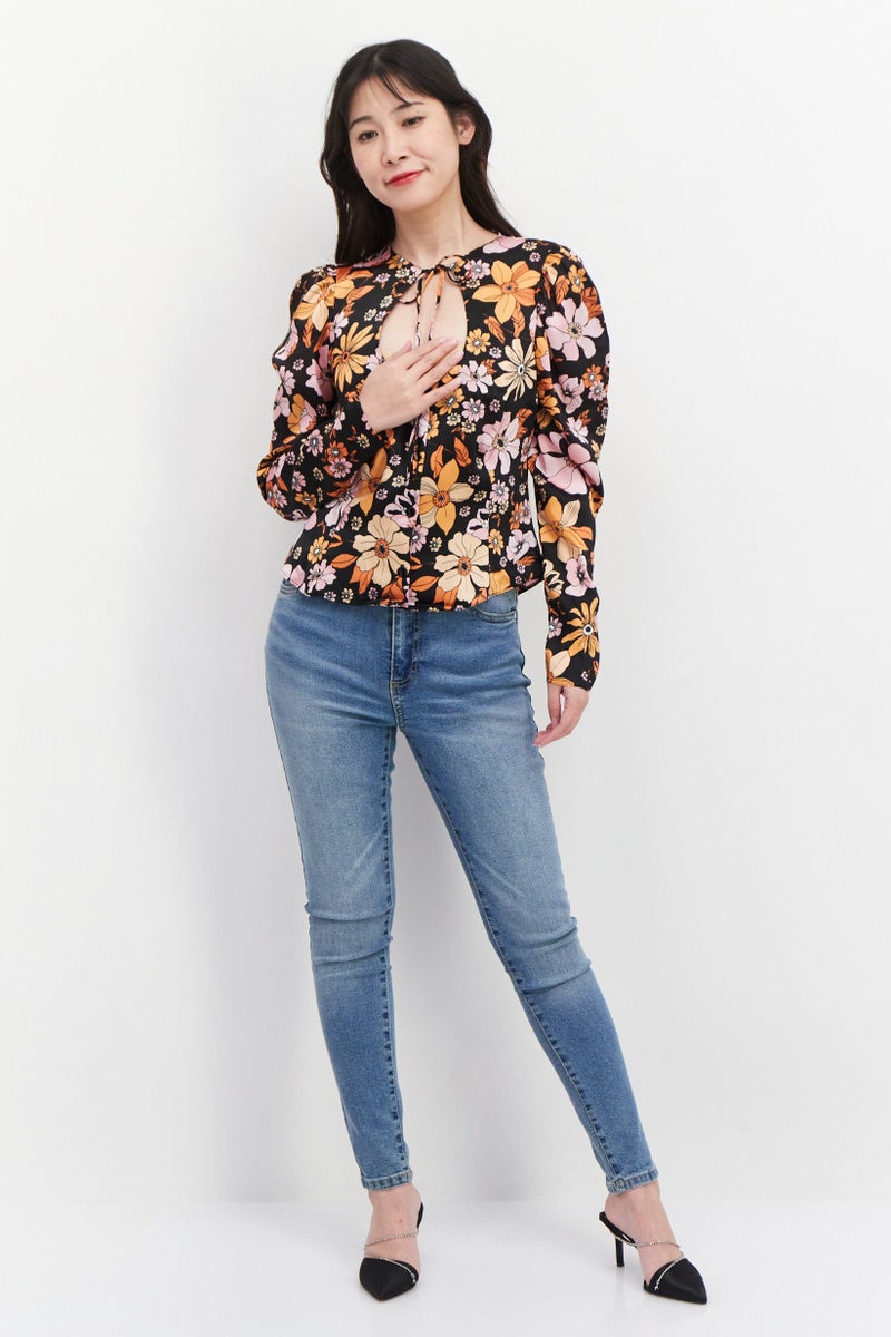 Asos Design Women Tie Neckline Long Sleeves Floral Print Blouse, Multicolor - Image 4