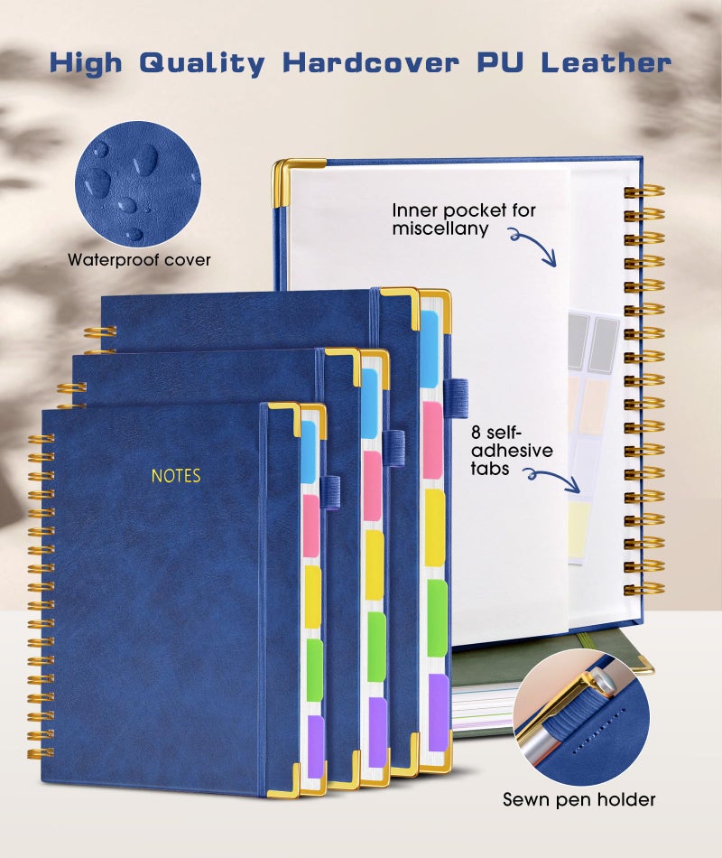 dilitego Hardcover Spiral Notebook 8.5"x11" Journal with Removable Dividers Tabs, 300 Pages Leather 5 Subject Notebook College Ruled, Large A4 Notebooks for Work School, Lined Journal for Women, A4 Navy - Image 3