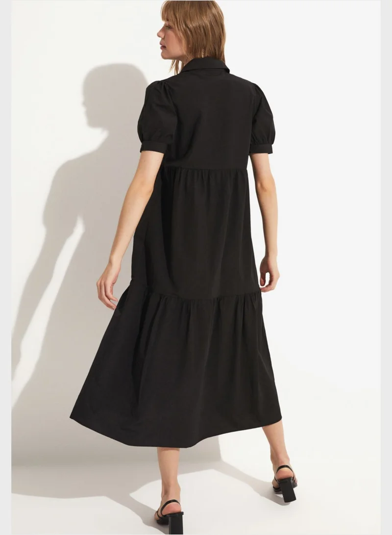 JUNE Balloon Sleeve Tiered Button Down Shirt Dress