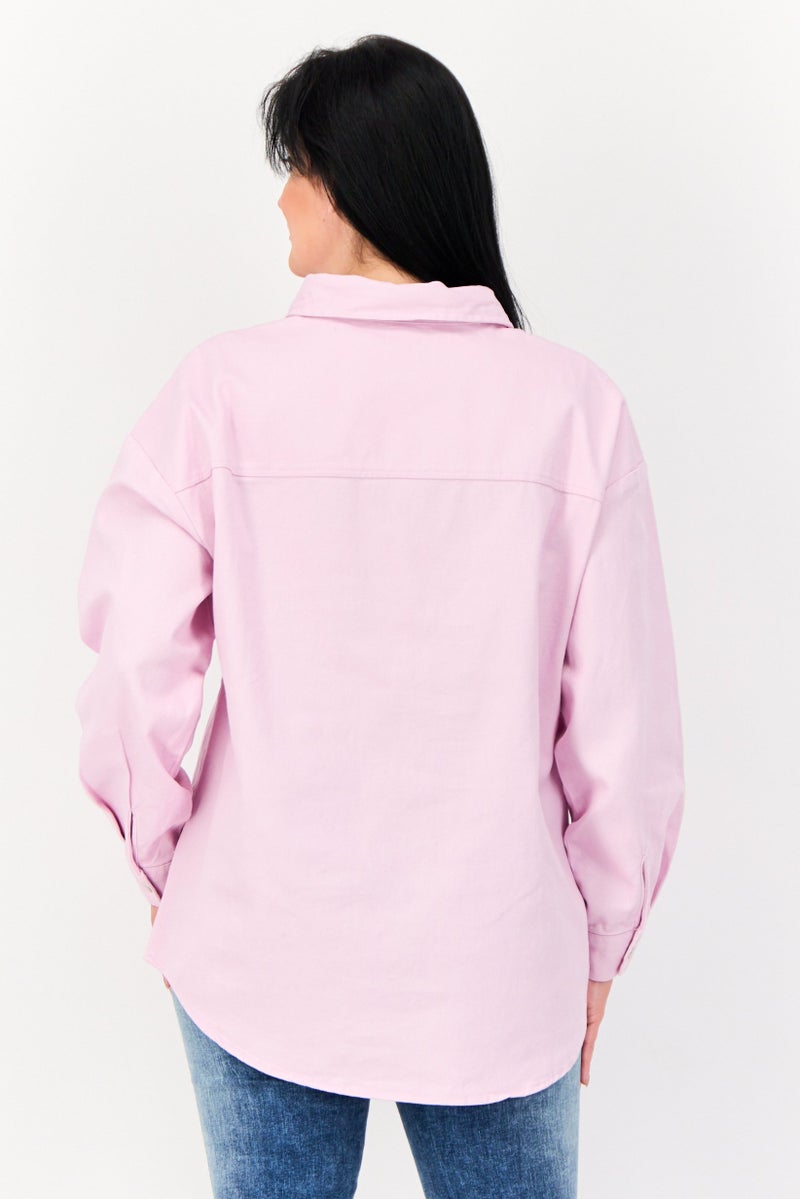 bebe Women Plain Denim Jacket Shirt, Lilac - Image 3