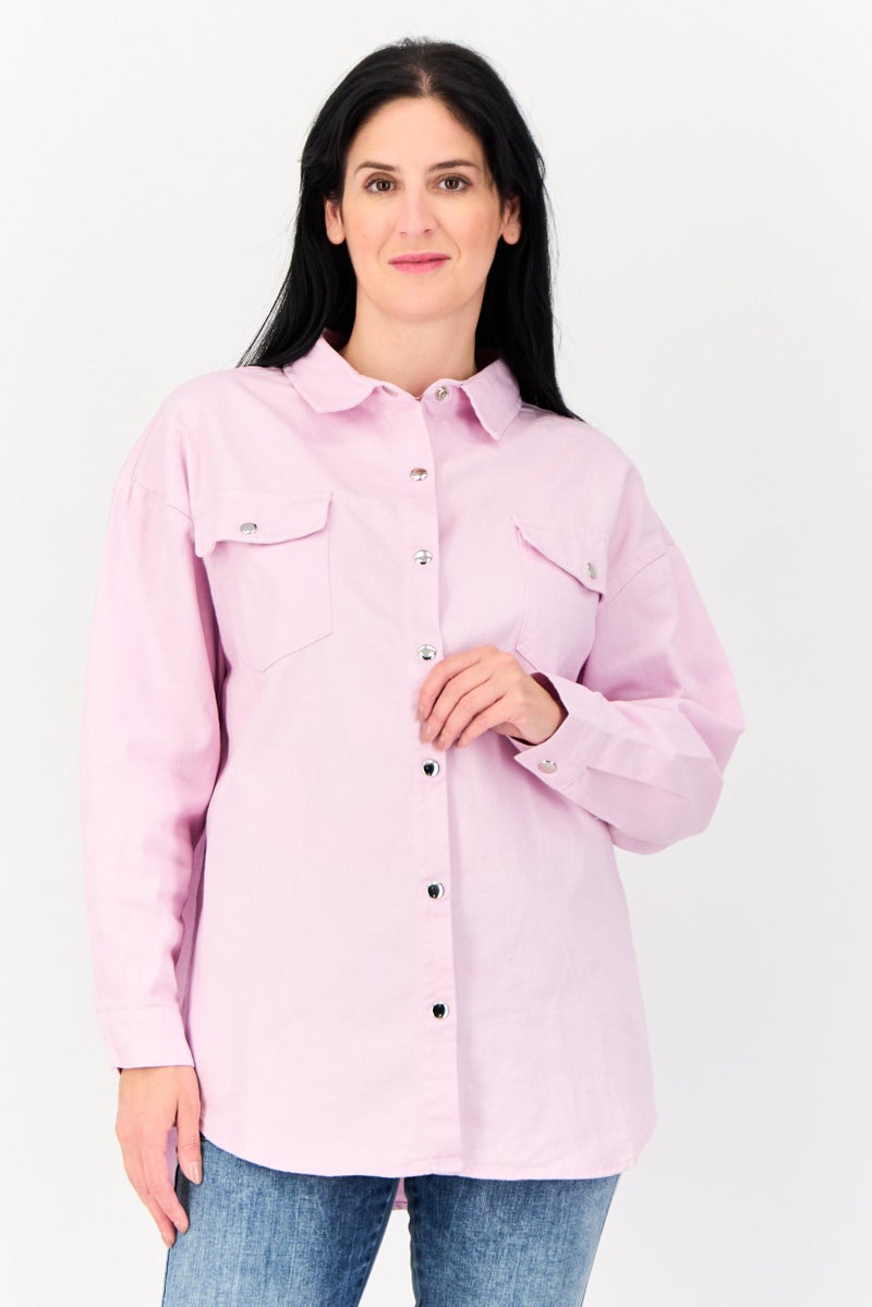 bebe Women Plain Denim Jacket Shirt, Lilac - Image 1