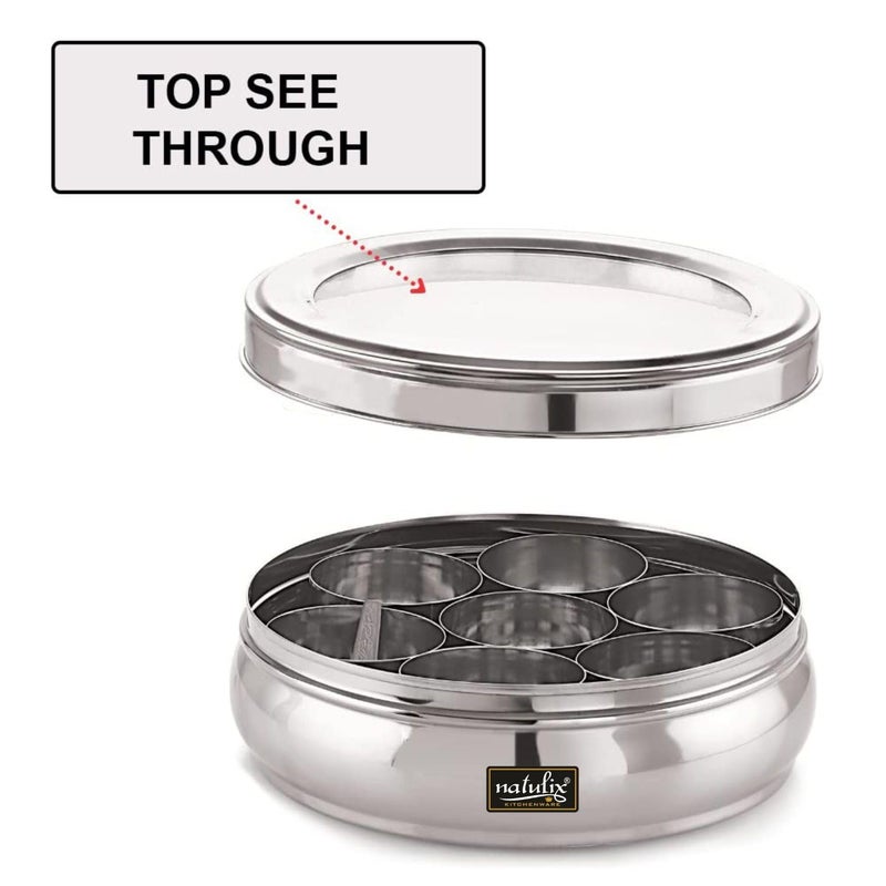 NATULIX Stainless Steel Masala box for Kitchen | Spice Box for for Kitchen | Masala Dabba with See Through Lid with 7 Containers and Small Spoon | Silver (2 Ltr | Large) - Image 3