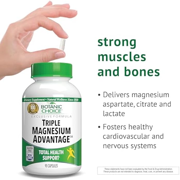 Botanic Choice Triple Magnesium Advantage - Magnesium Aspartate Citrate & Lactate Complex Supplement for Nerve, Digestive, Muscular & Heart Health for Men & Women (90 Capsules) - Image 3