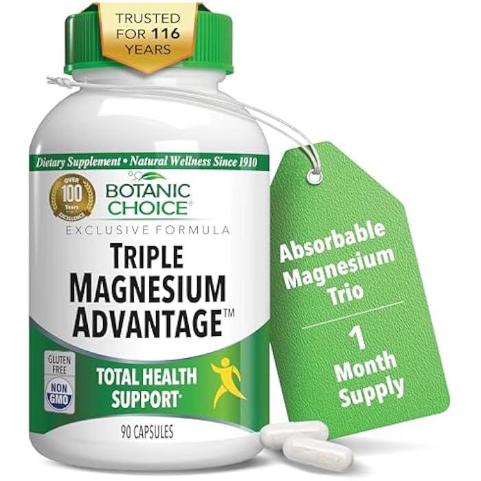 Botanic Choice Triple Magnesium Advantage - Magnesium Aspartate Citrate & Lactate Complex Supplement for Nerve, Digestive, Muscular & Heart Health for Men & Women (90 Capsules) - Image 1