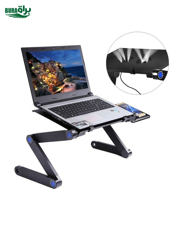 BURAQ Portable 360 Degree Adjustable Foldable Aluminium Alloy Desk Stand with Double CPU Fans & Mouse Pad for Laptop / Notebook(Black)  - Image 1