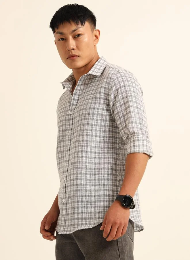 بوشيرت قميص مطبع بنمط مربعات وياقة سبريد