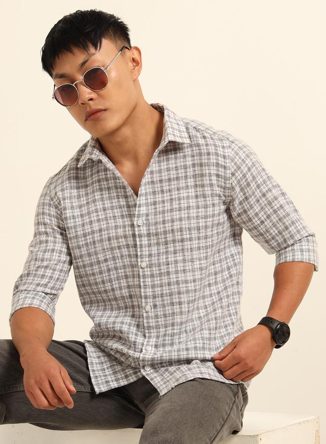 بوشيرت قميص مطبع بنمط مربعات وياقة سبريد - Image 1