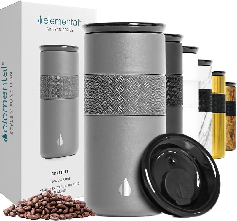 Elemental Artisan Insulated Tumbler, Triple Wall Coffee Travel Tumbler, Reusable Stainless Steel Coffee Tumbler with Ceramic Lid, Thermal Coffee Cup for Hot (6 Hrs) & Cold (18 Hrs), 16oz - Graphite - Image 1