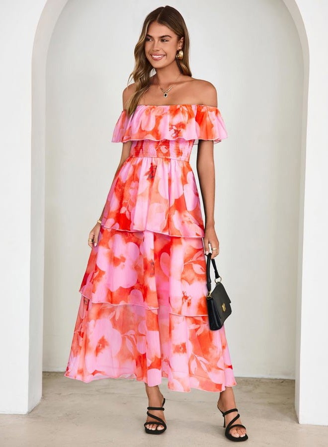 SIMPLEE Womens Floral Maxi Dress Off Shoulder A Line Flowy Ruffle Wedding Guest Dresses, Orange Pink, L - Image 5