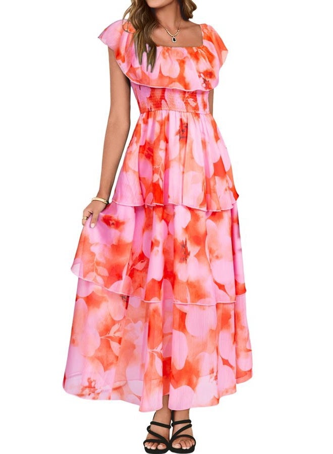 SIMPLEE Womens Floral Maxi Dress Off Shoulder A Line Flowy Ruffle Wedding Guest Dresses, Orange Pink, L - Image 1