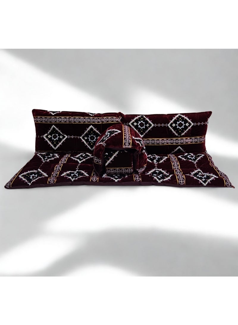 سمارت هوم جلسة أرضية تراثية عربية لشخصين 5 قطع بمقاس (طول 60 سم × عرض 190 سم × ارتفاع 60 سم) – مفروشات مجالس عربية مريحة مع مسند وظهر  – جلسة أرضية للمنزل، الضيوف، المخيمات والرحلات  - قماش تركي ممتاز - Image 1