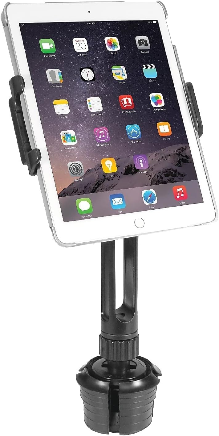Macally Cup Holder Tablet Mount - Heavy Duty iPad Cup Holder Car Mount Stand or Tablet Holder for Car, Truck, and Vehicle - Fits Devices 3.5" - 8” Wide with Case - Adjustable iPad Holder for Car - Image 1