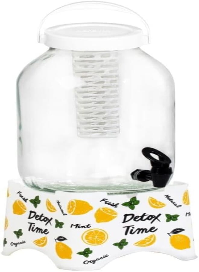Herevin Detox Time Decorated Beverage Dispenser with Stand with Infuser, 5 Liter Capacity, White