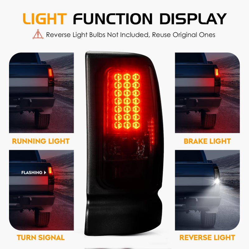 Bomusou LED Tail Light + 3rd Brake Light Kit Fit for Dodge Ram 1500 1994-2001, for Ram 2500 3500 1994-2002, Taillights and High Mount Stop Light, 3 Pcs, Smoke Lens - Image 2