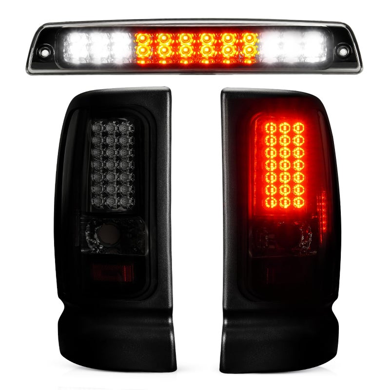 Bomusou LED Tail Light + 3rd Brake Light Kit Fit for Dodge Ram 1500 1994-2001, for Ram 2500 3500 1994-2002, Taillights and High Mount Stop Light, 3 Pcs, Smoke Lens - Image 1