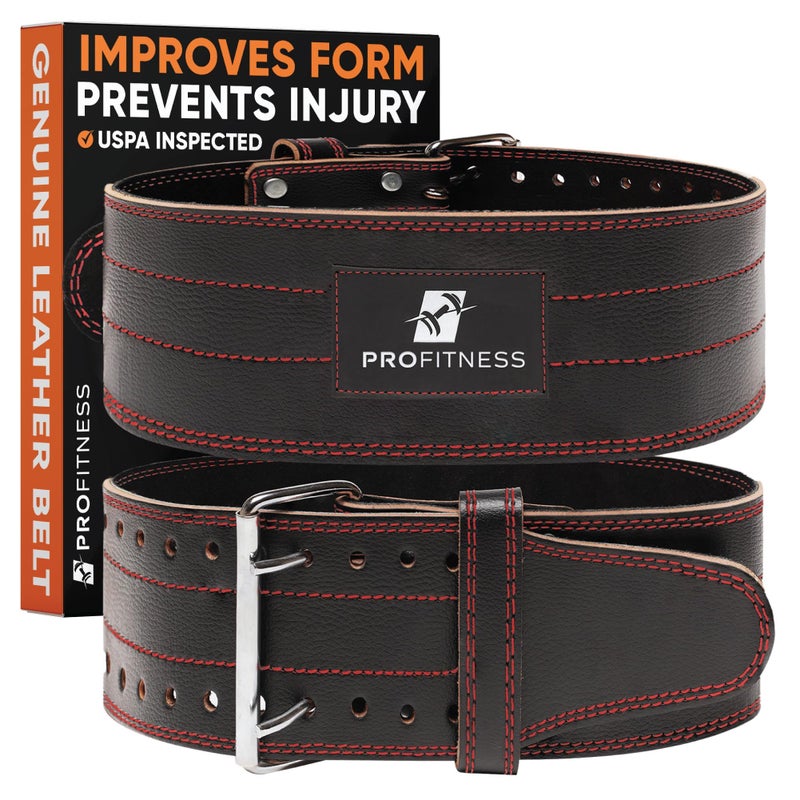 ProFitness Leather Workout Belt Weightlifting Belt with Metal Buckle for Men and Woman BlackRed Large