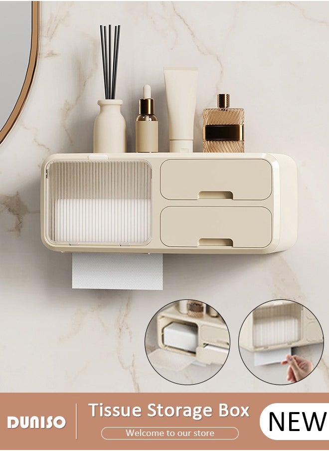 DUNISO - Wall Mounted Tissue Storage Box，Home Accessories Multifunction Toilet Paper Box Dispenser with Drawer No Drilling Waterproof Tissue Box Cover, Hanging Toilet Paper Tissue for Bathroom Kitchen Living Room - Image 1