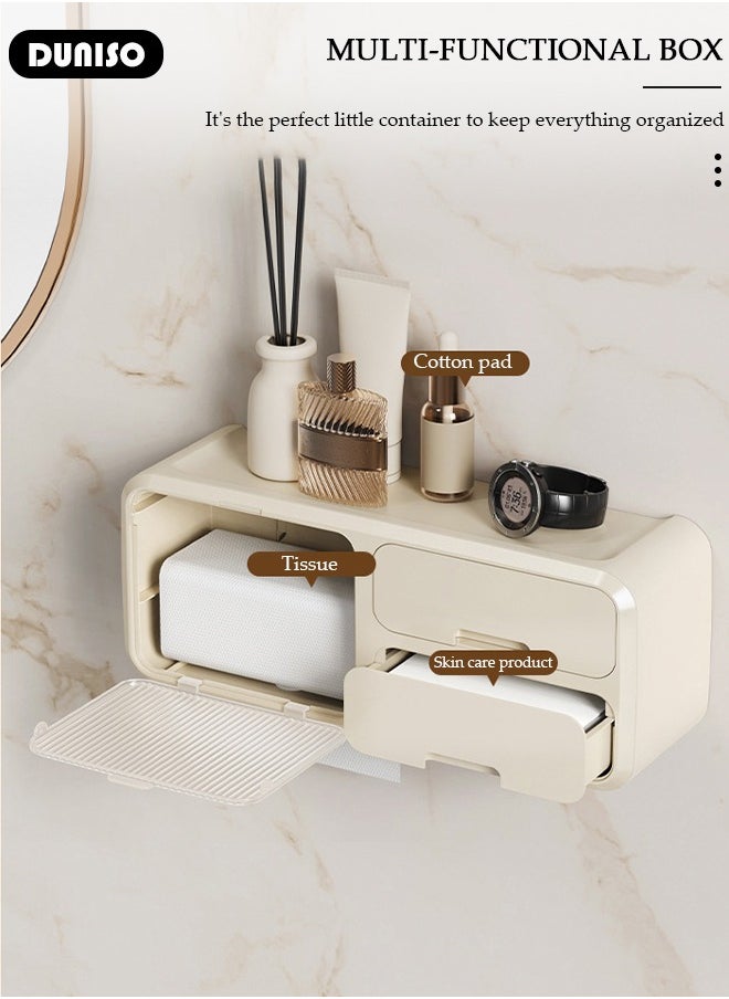 DUNISO - Wall Mounted Tissue Storage Box，Home Accessories Multifunction Toilet Paper Box Dispenser with Drawer No Drilling Waterproof Tissue Box Cover, Hanging Toilet Paper Tissue for Bathroom Kitchen Living Room - Image 1