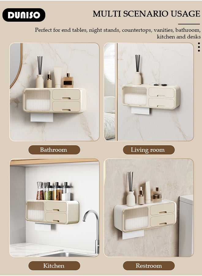 DUNISO - Wall Mounted Tissue Storage Box，Home Accessories Multifunction Toilet Paper Box Dispenser with Drawer No Drilling Waterproof Tissue Box Cover, Hanging Toilet Paper Tissue for Bathroom Kitchen Living Room - Image 1