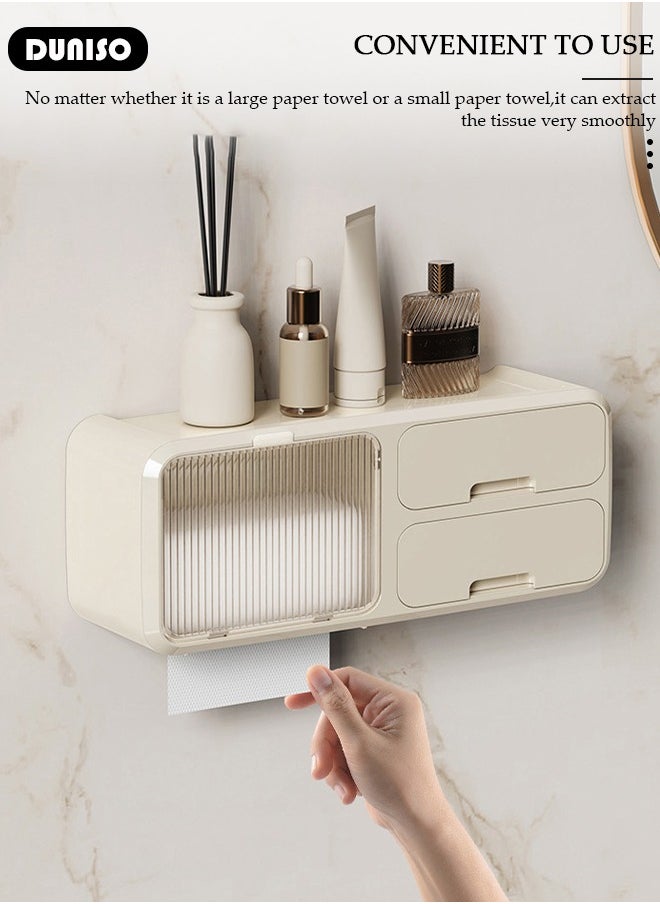 DUNISO - Wall Mounted Tissue Storage Box，Home Accessories Multifunction Toilet Paper Box Dispenser with Drawer No Drilling Waterproof Tissue Box Cover, Hanging Toilet Paper Tissue for Bathroom Kitchen Living Room - Image 1